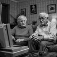 Ein älteres Paar sitzt ratlos im Wohnzimmer vor einem Computer